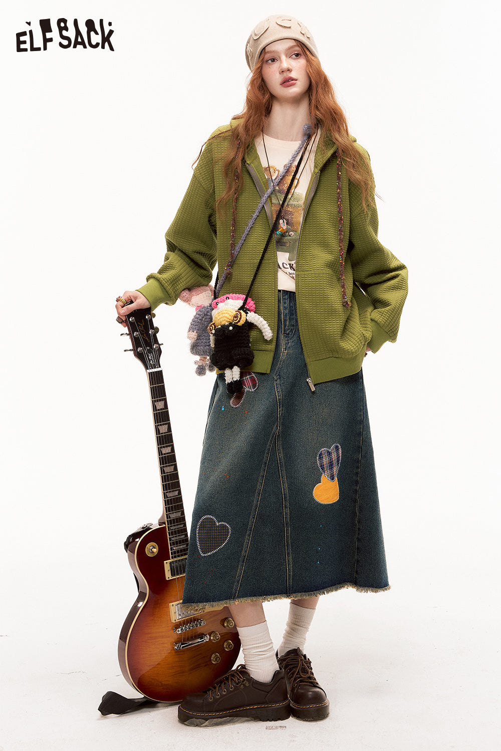 ELFSACK Heart Frayed American Denim Skirt Splash Ink Design Long Skirt