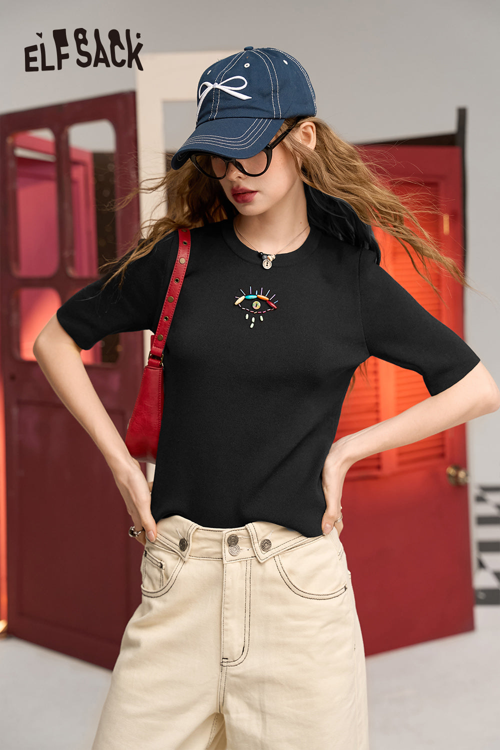 ELFSACK Black straight shoulder round neck pullover design loose thin short sleeve knit sweater