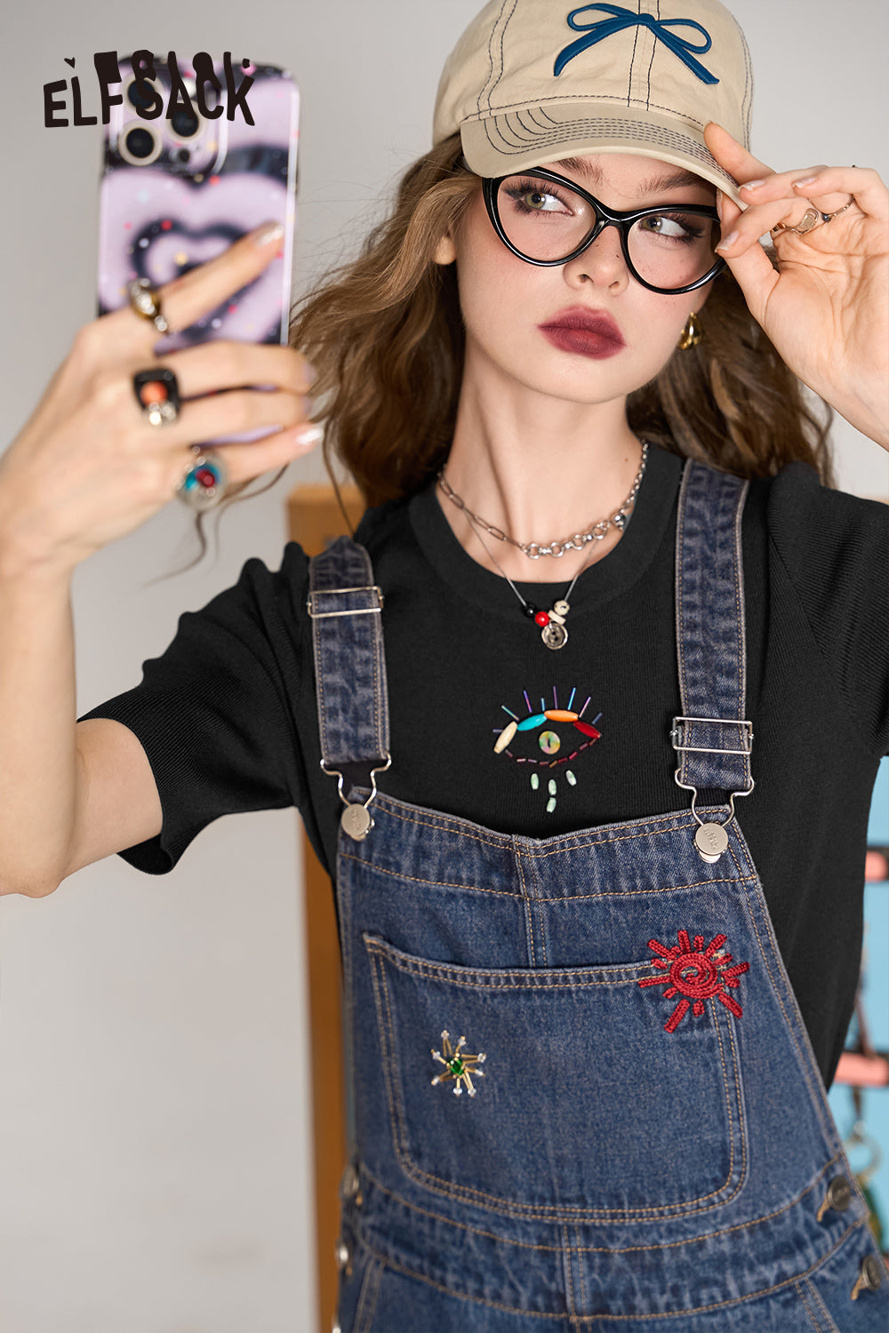 ELFSACK Black straight shoulder round neck pullover design loose thin short sleeve knit sweater