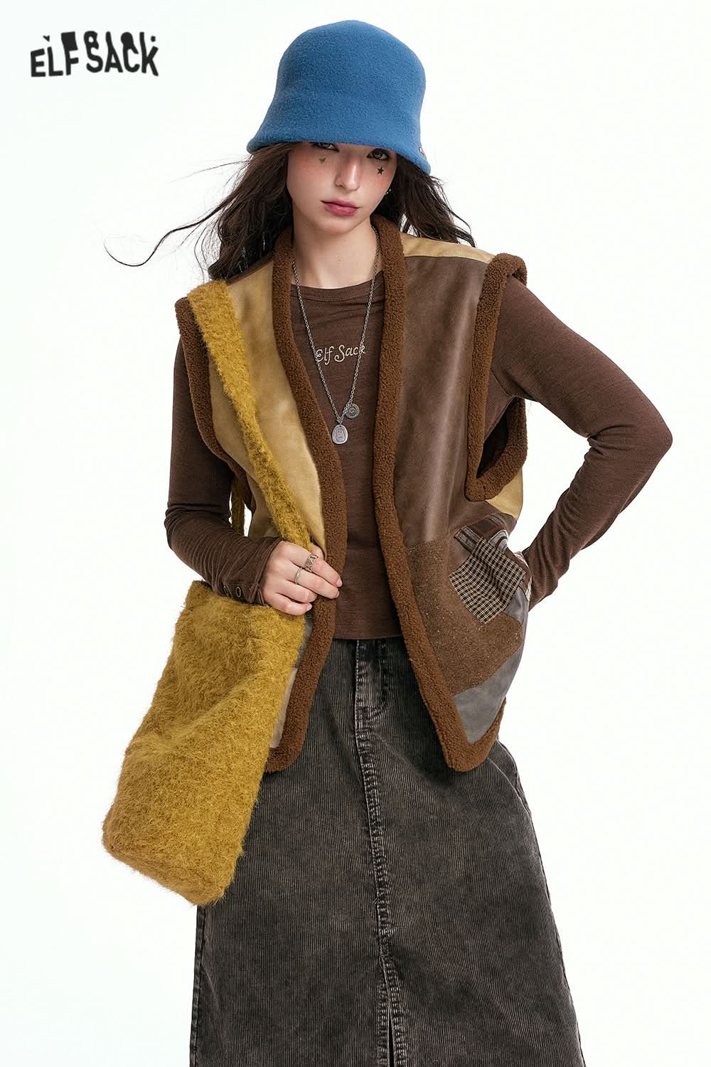 ELFSACK Retro Color Block PU Leather Vest Plush Layering Gilet