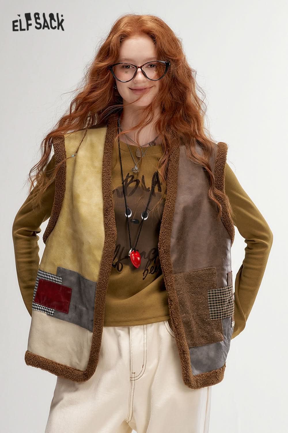 ELFSACK Retro Color Block PU Leather Vest Plush Layering Gilet