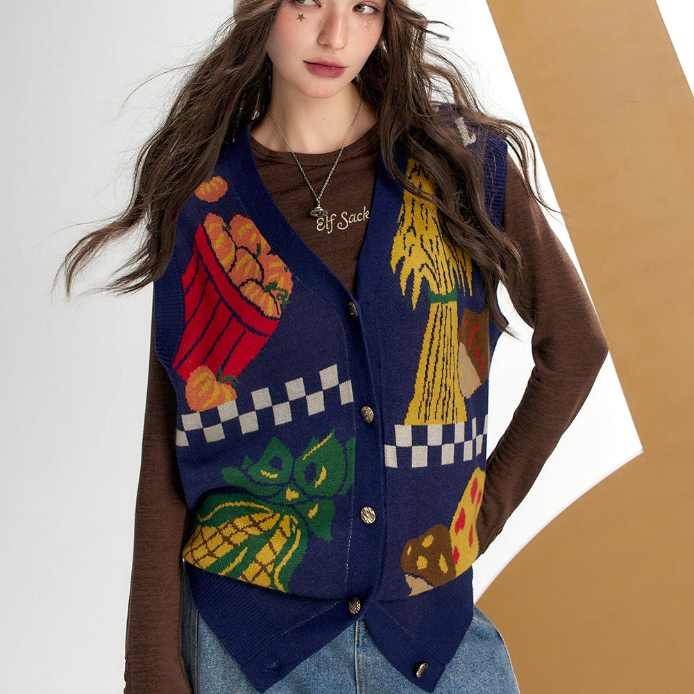 
                  
                    ELFSACK 2024 Autumn New Arrivals Vegetable Print Knit Vest for Women Retro Casual Layering Vest
                  
                