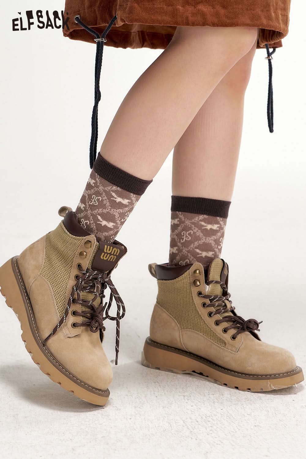 ELFSACK Y2K Retro Brown Diamond Check Middle Socks Women Maillard Fox Socks