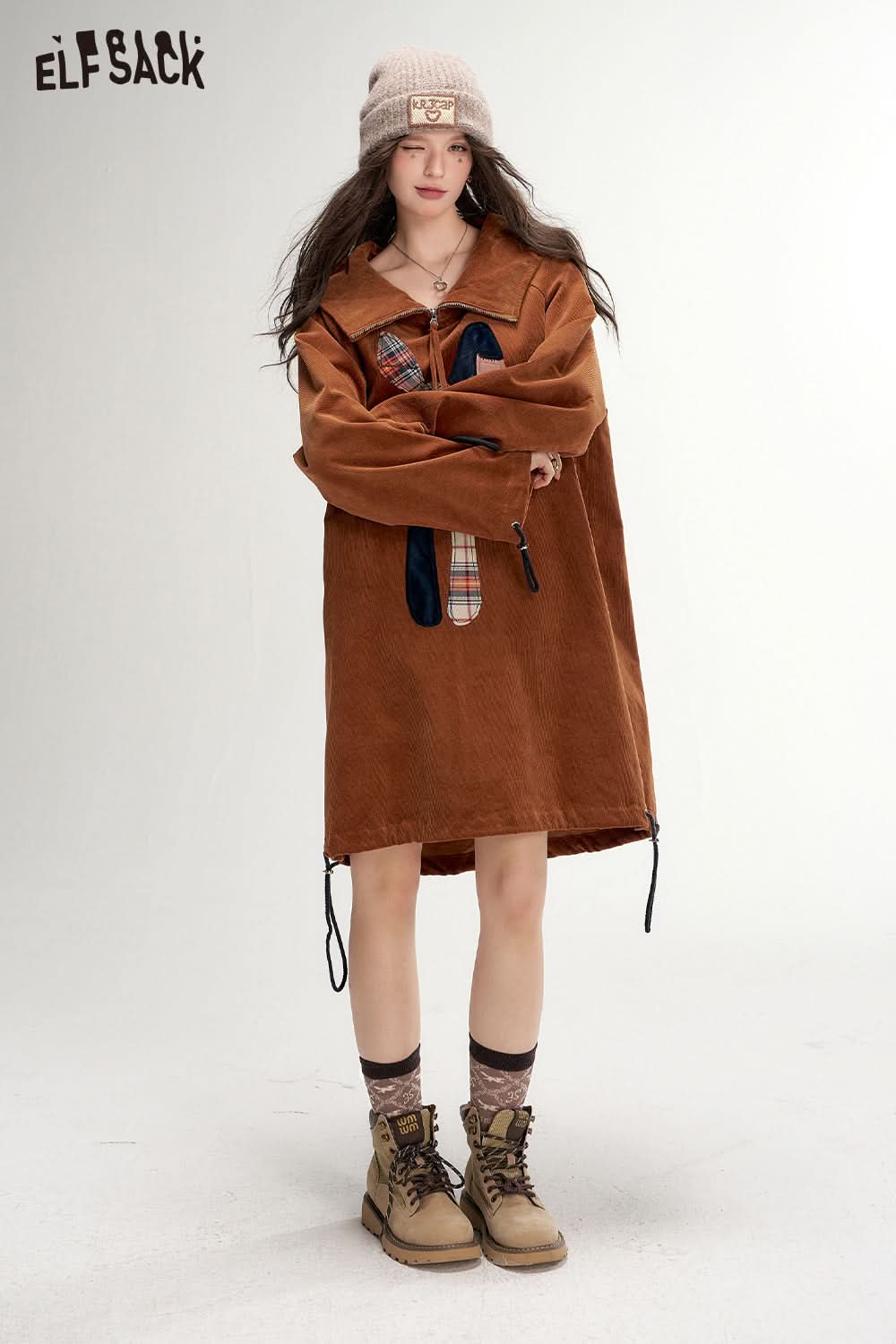 ELFSACK Y2K Retro Brown Diamond Check Middle Socks Women Maillard Fox Socks