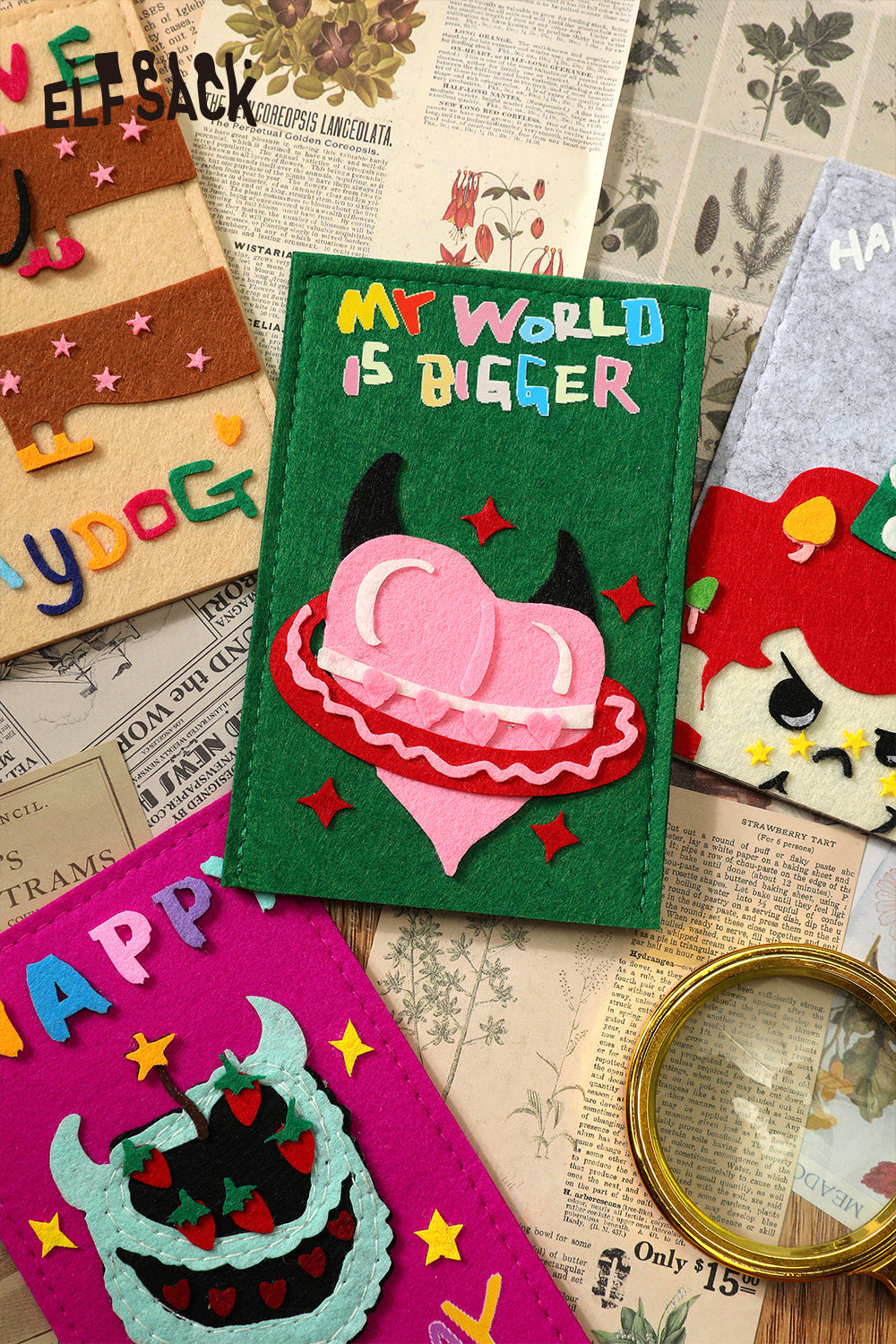 ELFSACK 2025 Spring New Arrivals Y2K Felt Board Cartoon Patches Greeting Cards