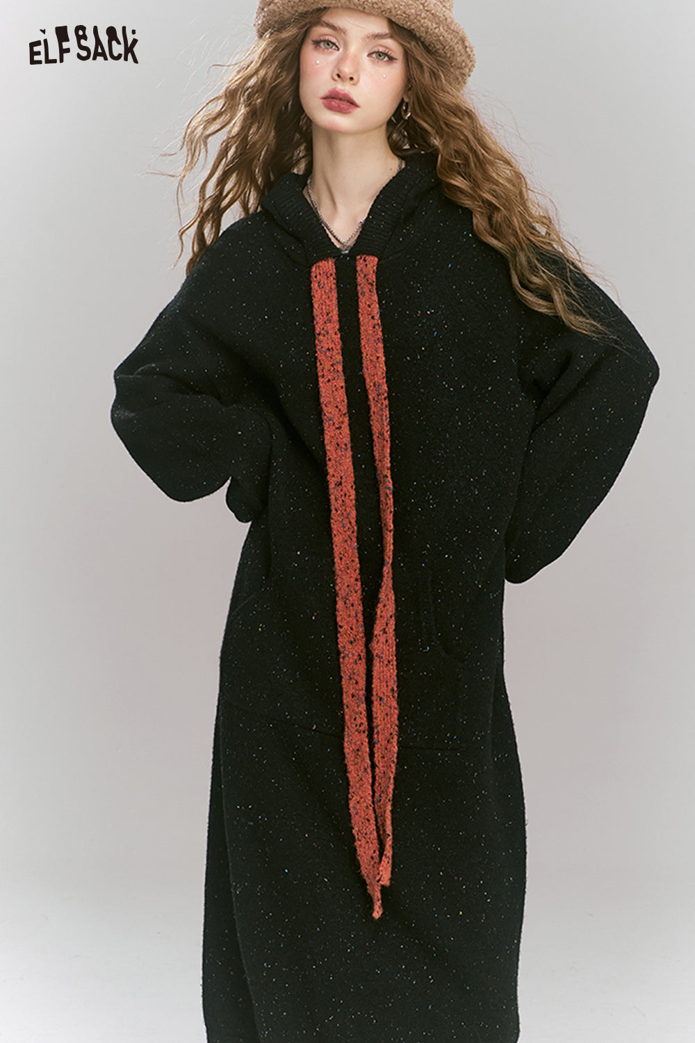 ELFSACK Colorful dots hooded pockets tie knit long dress