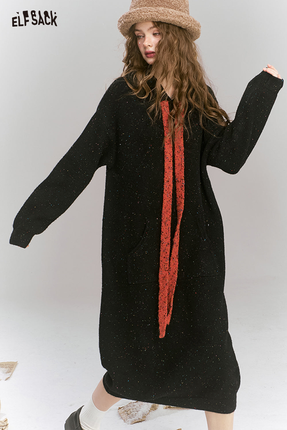 ELFSACK Colorful dots hooded pockets tie knit long dress