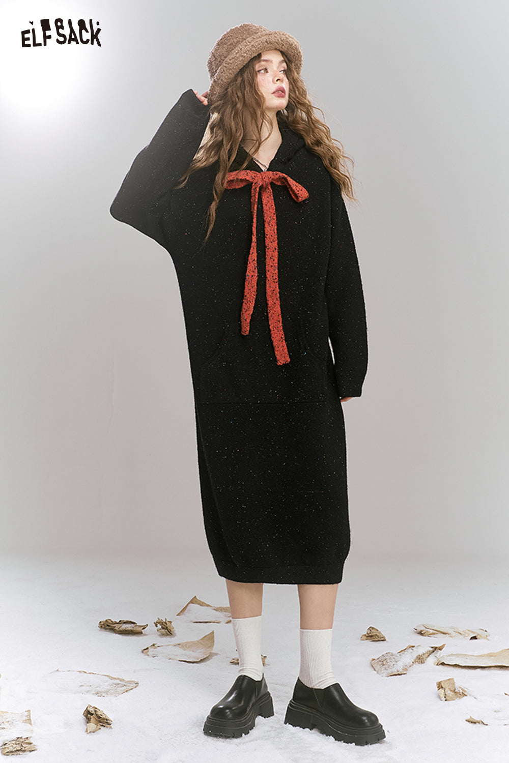 ELFSACK Colorful dots hooded pockets tie knit long dress