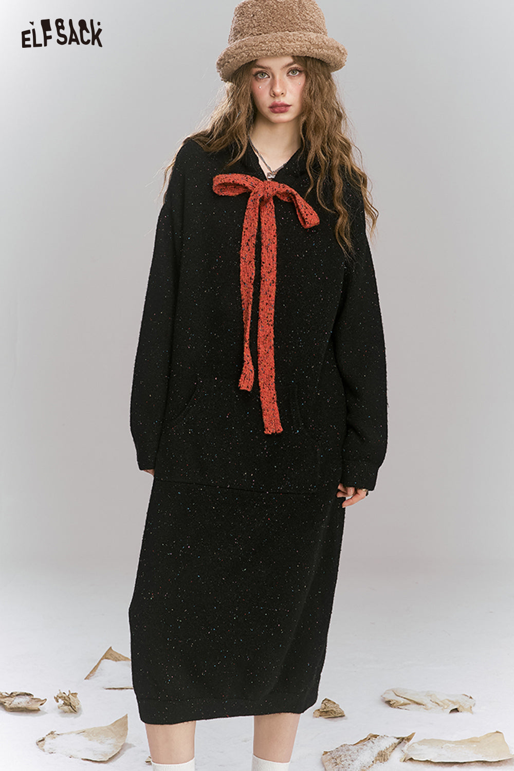 ELFSACK Colorful dots hooded pockets tie knit long dress