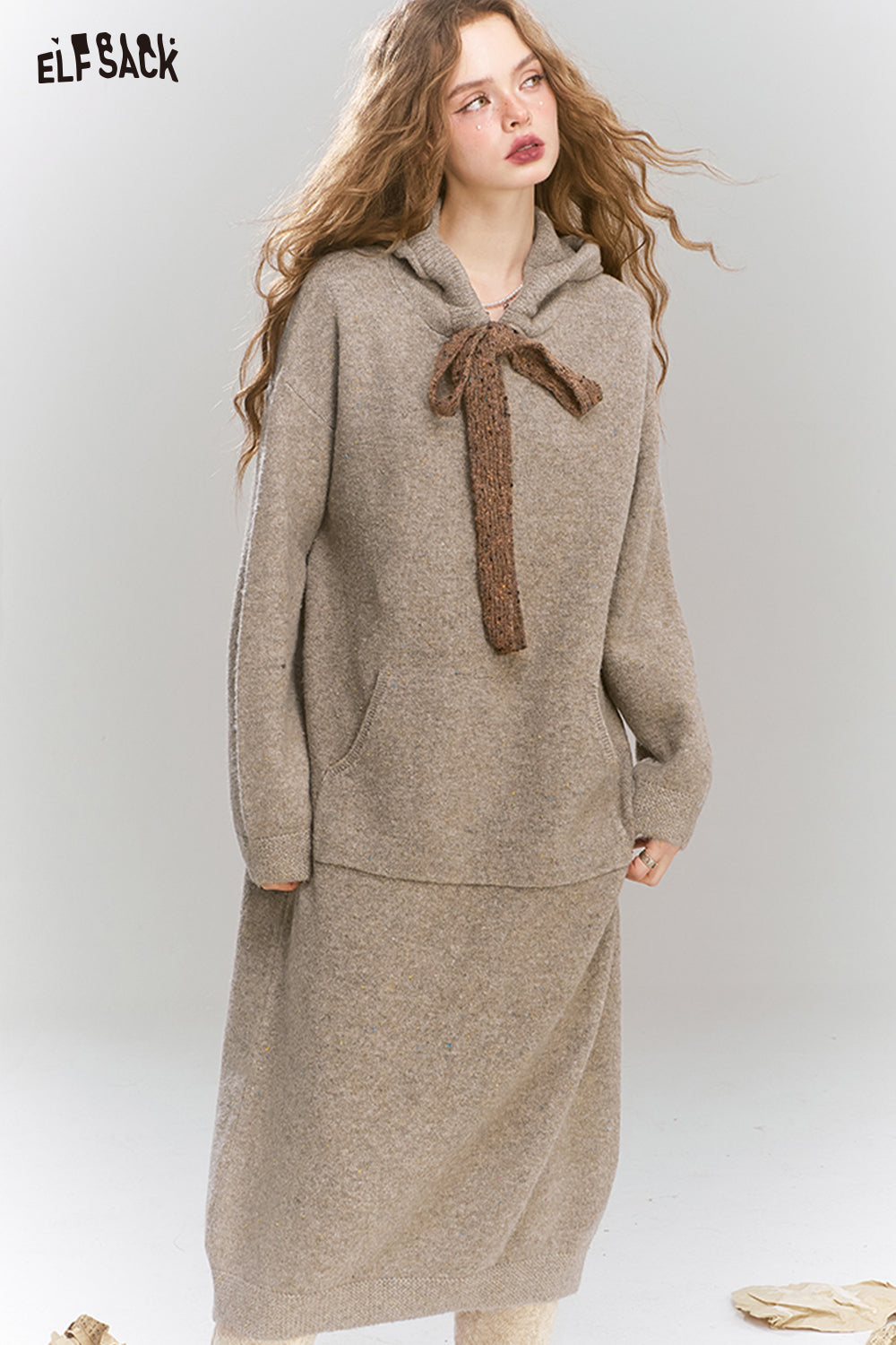 ELFSACK Colorful dots hooded pockets tie knit long dress