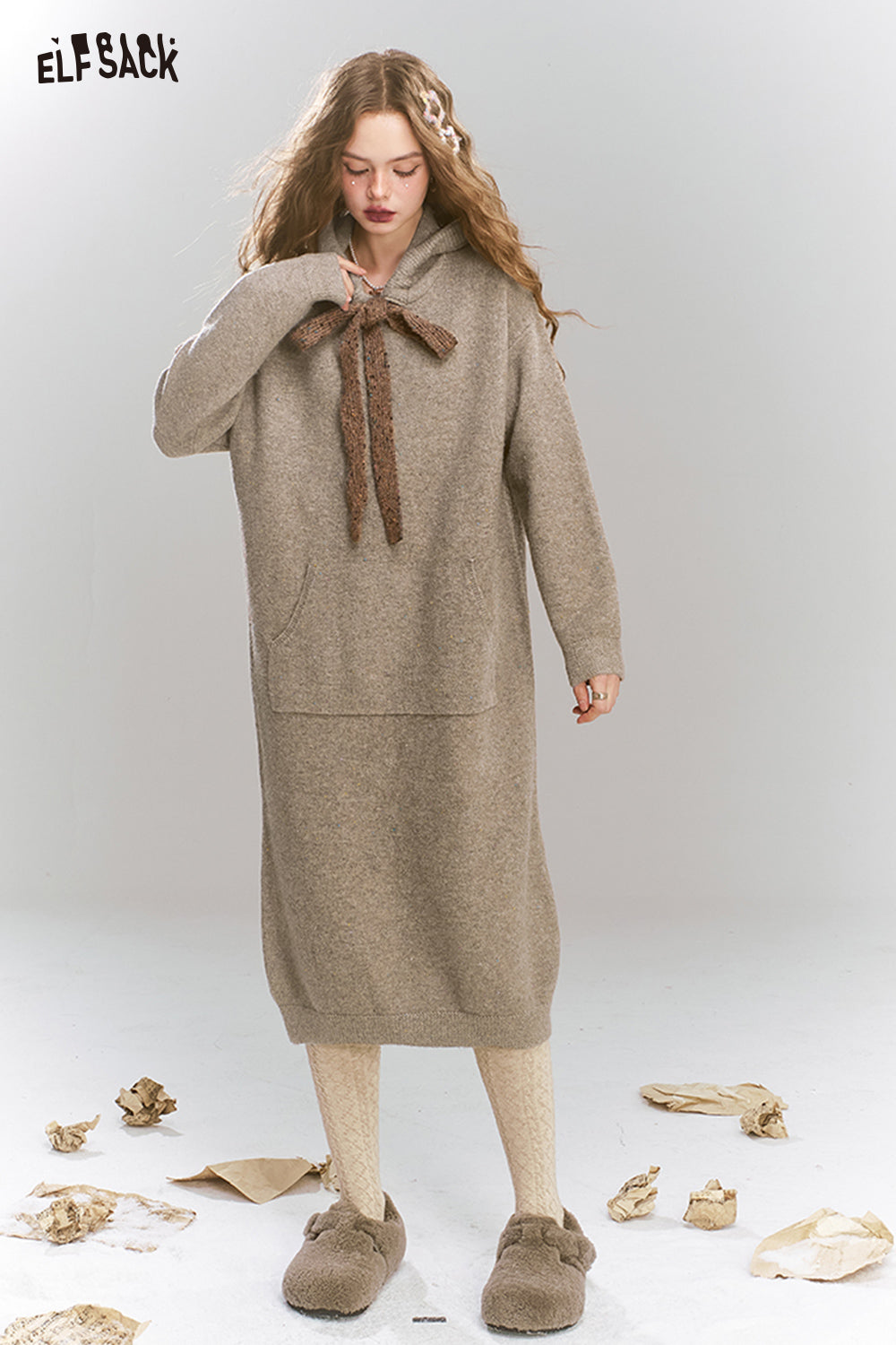 ELFSACK Colorful dots hooded pockets tie knit long dress