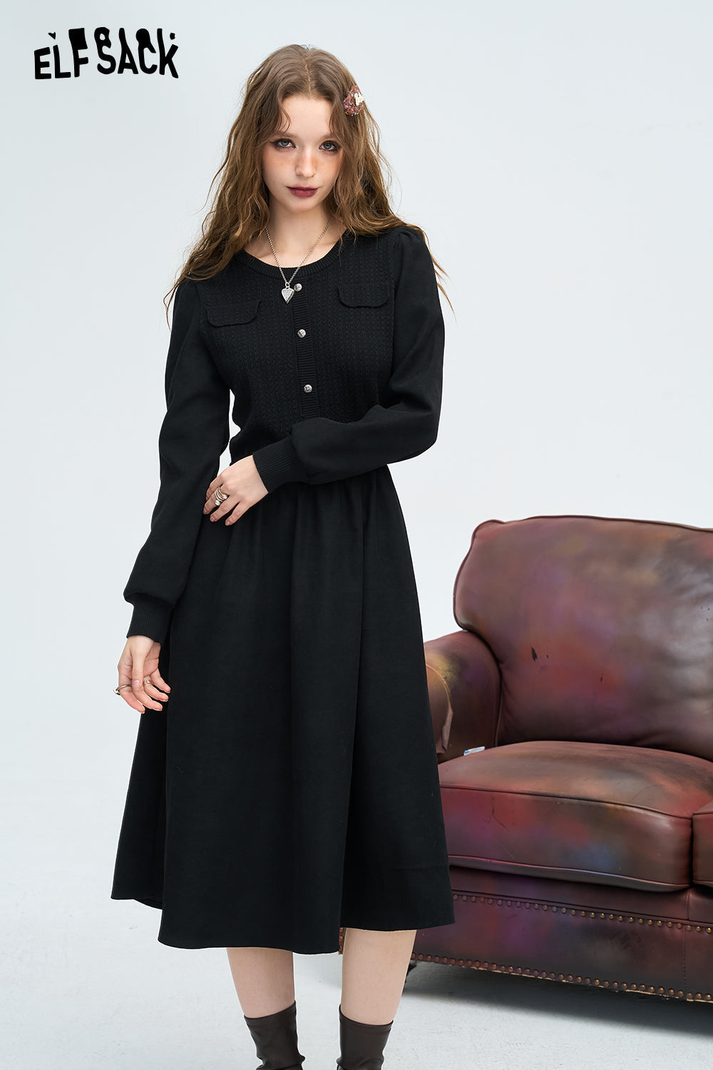 ELFSACK French Preppy Style Gentle Waist Slimming Dress
