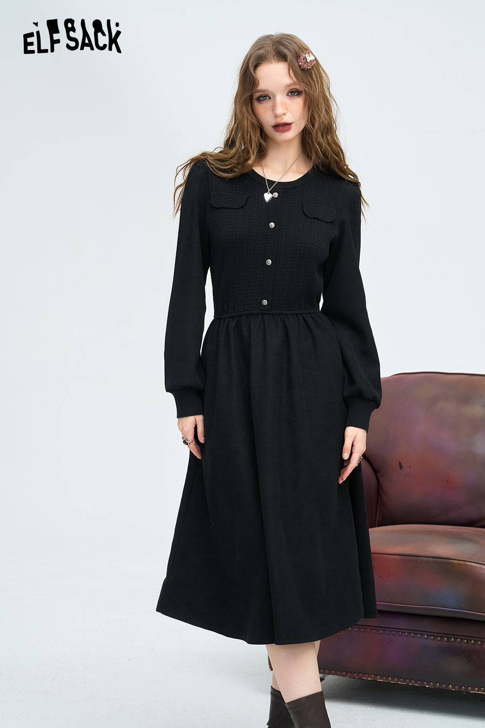 ELFSACK French Preppy Style Gentle Waist Slimming Dress