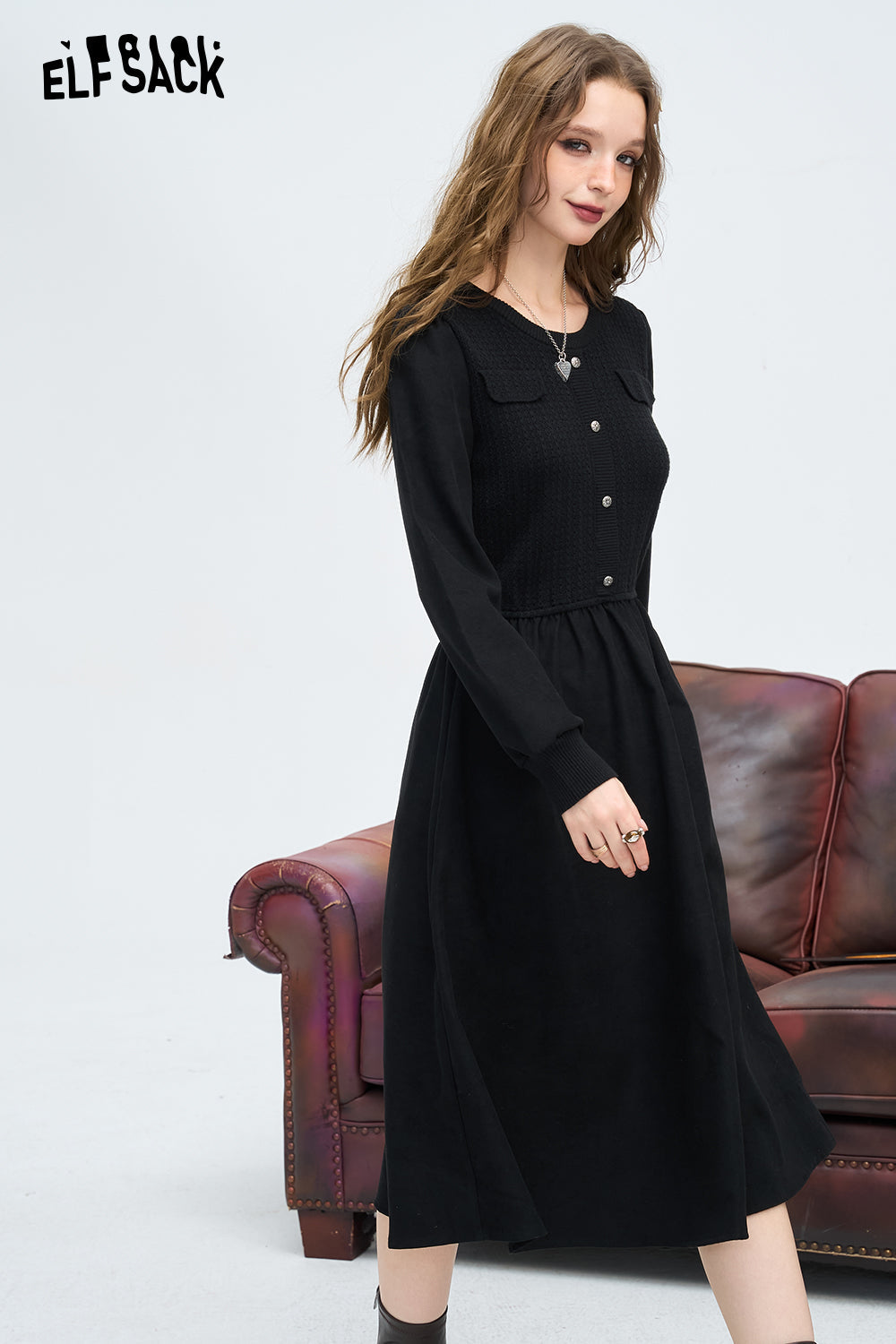 ELFSACK French Preppy Style Gentle Waist Slimming Dress