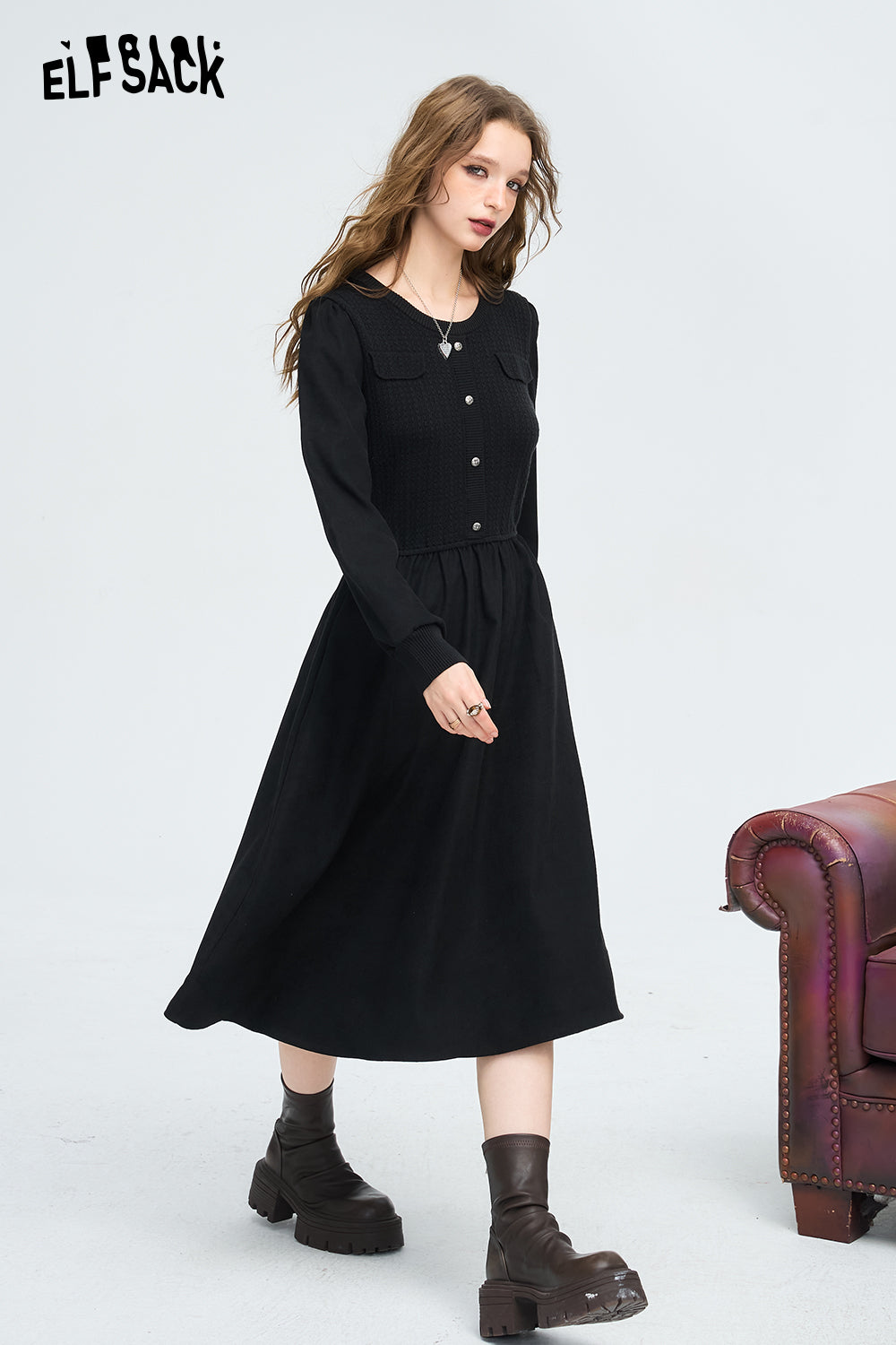 ELFSACK French Preppy Style Gentle Waist Slimming Dress