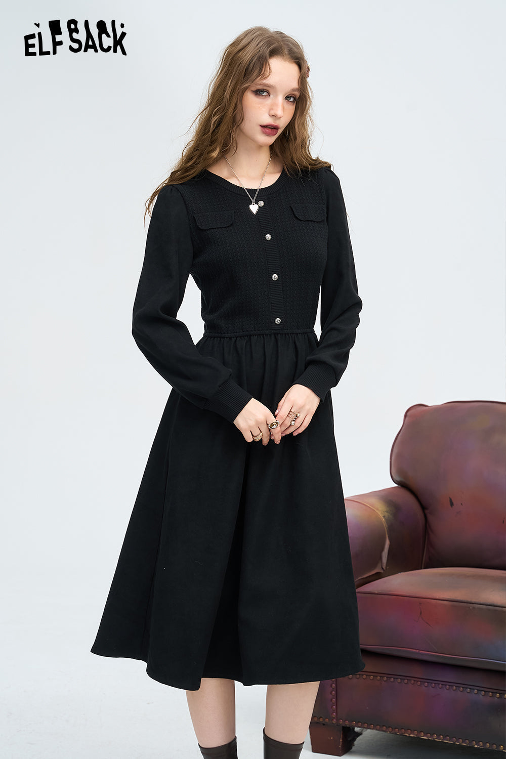 ELFSACK French Preppy Style Gentle Waist Slimming Dress