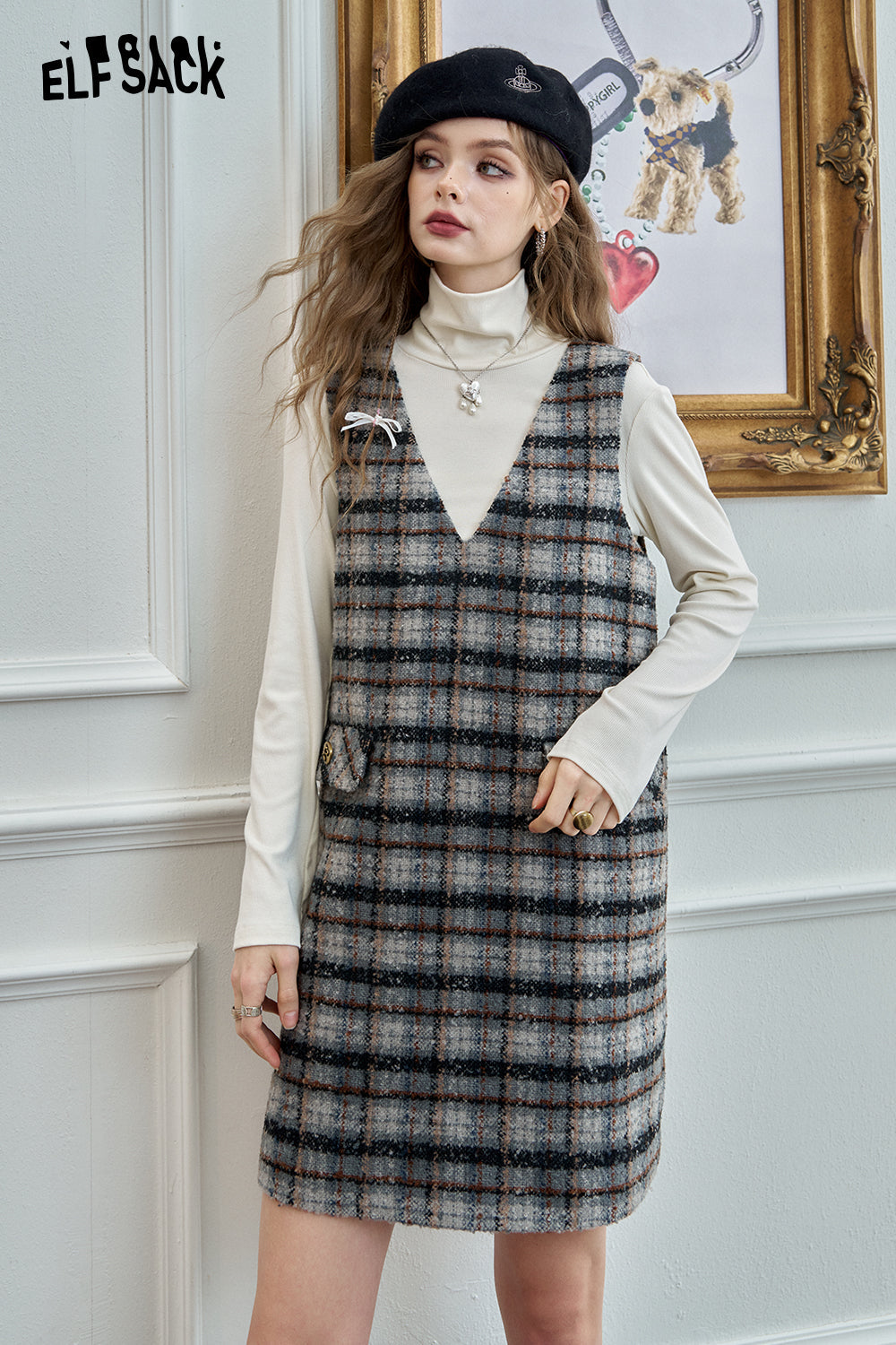 ELFSACK Retro plaid vest dress, elegant preppy style loose yarn-dyed plaid