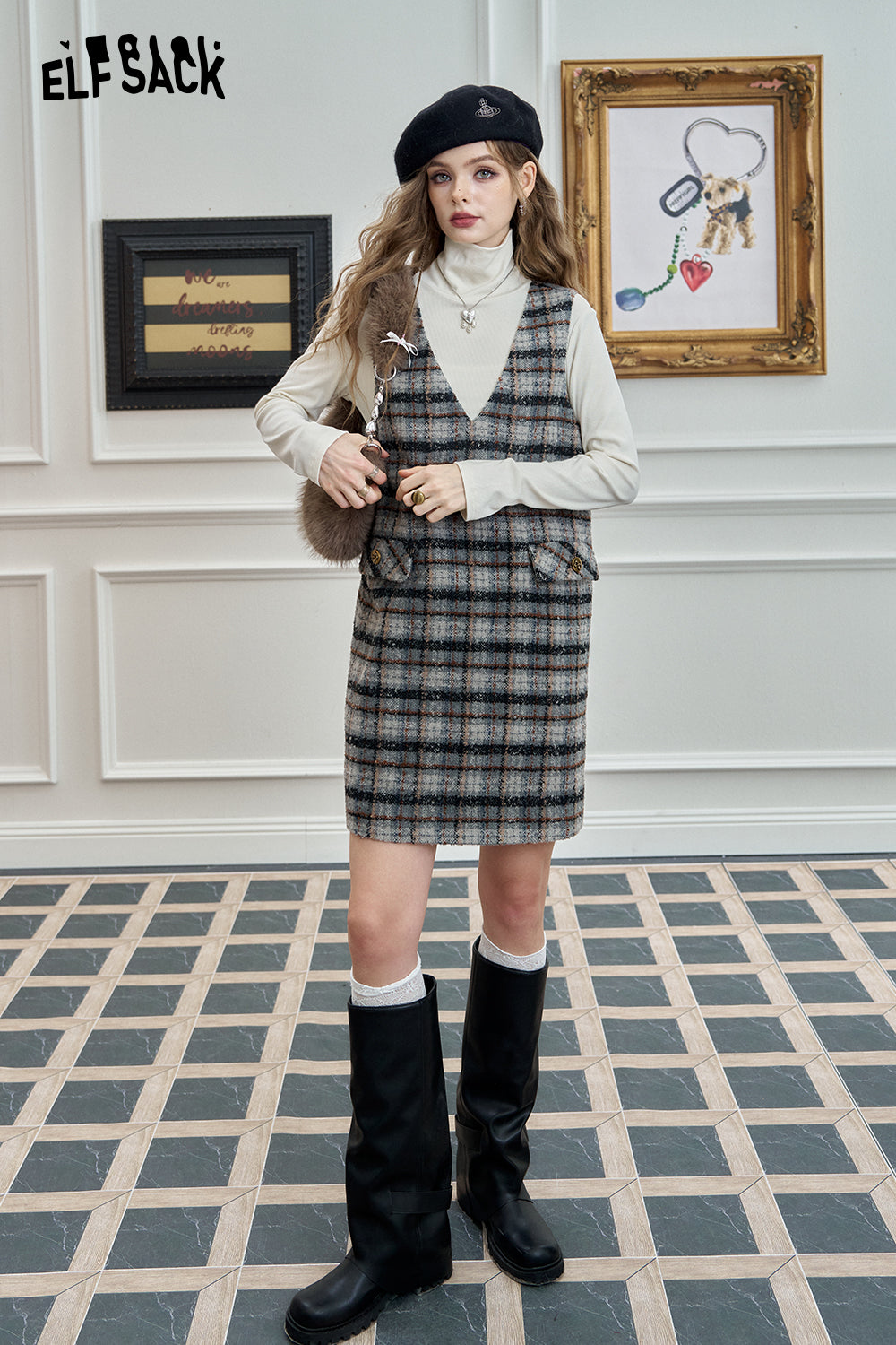 ELFSACK Retro plaid vest dress, elegant preppy style loose yarn-dyed plaid