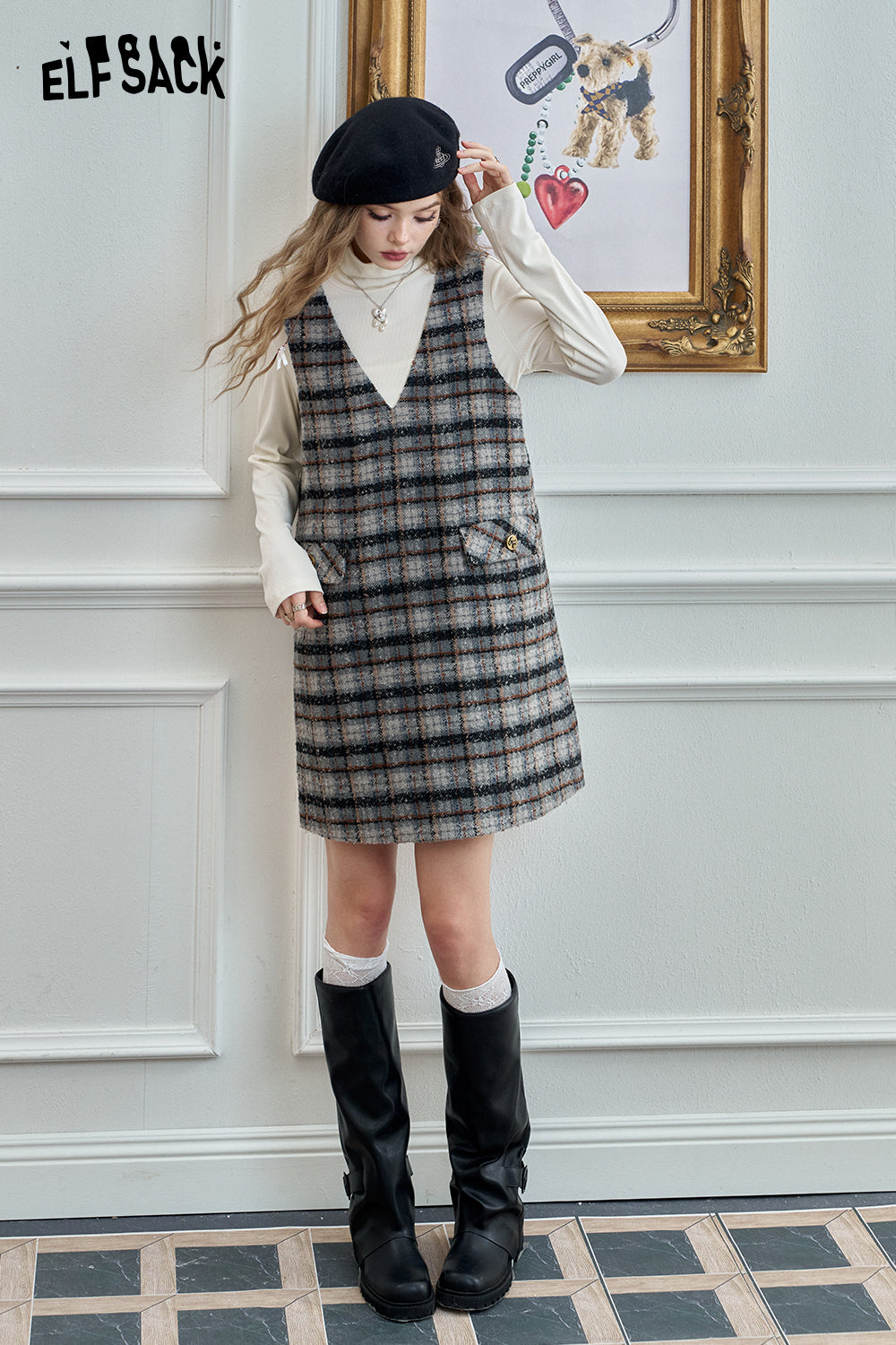 ELFSACK Retro plaid vest dress, elegant preppy style loose yarn-dyed plaid