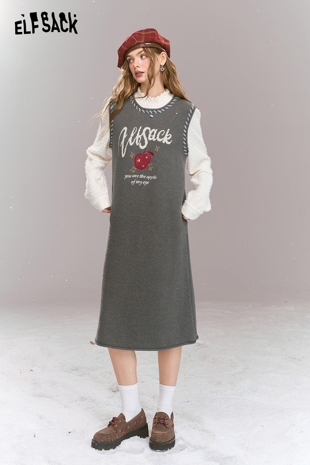 ELFSACK Sweet Preppy style long sleeved fake two-piece patchwork lace knit H-shaped long dress