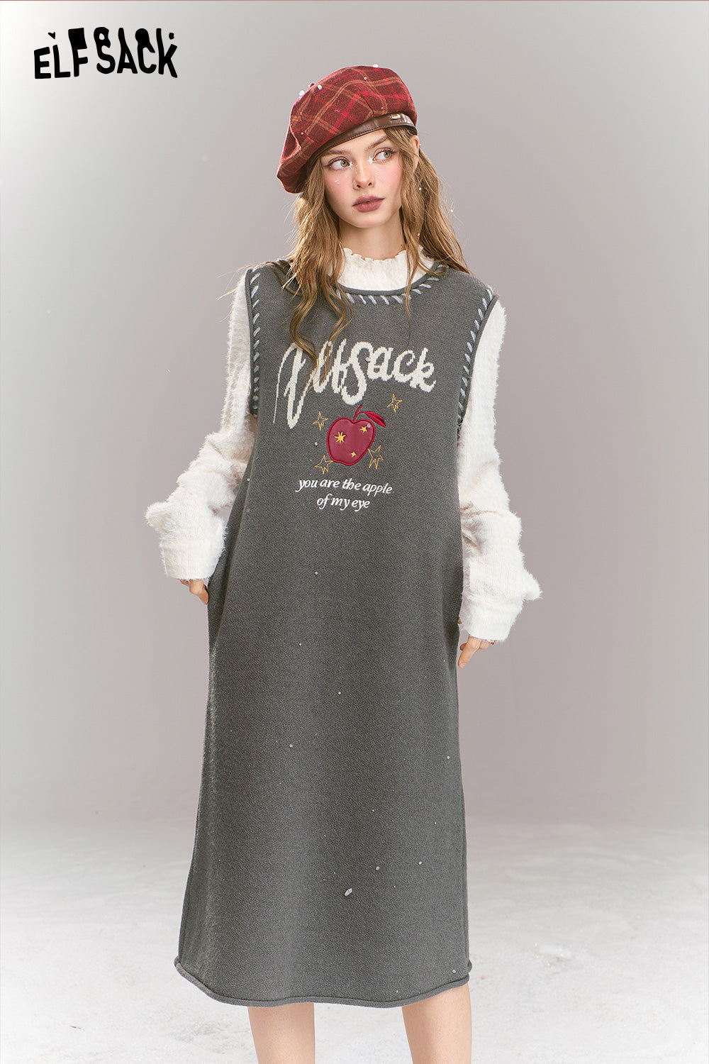 ELFSACK Sweet Preppy style long sleeved fake two-piece patchwork lace knit H-shaped long dress