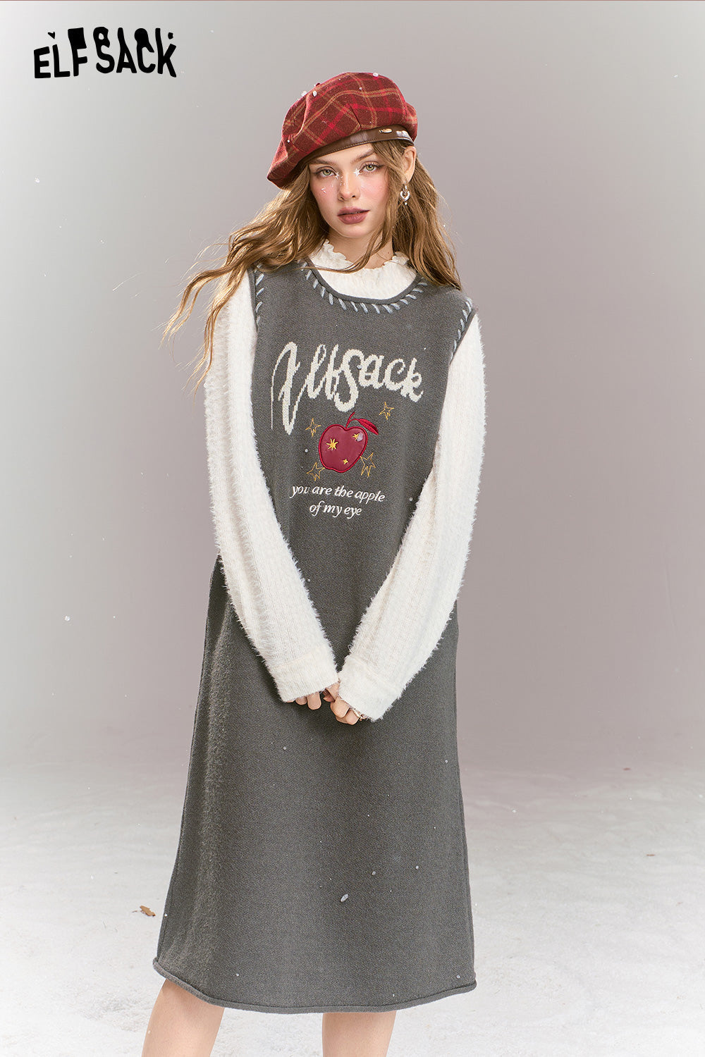 ELFSACK Sweet Preppy style long sleeved fake two-piece patchwork lace knit H-shaped long dress