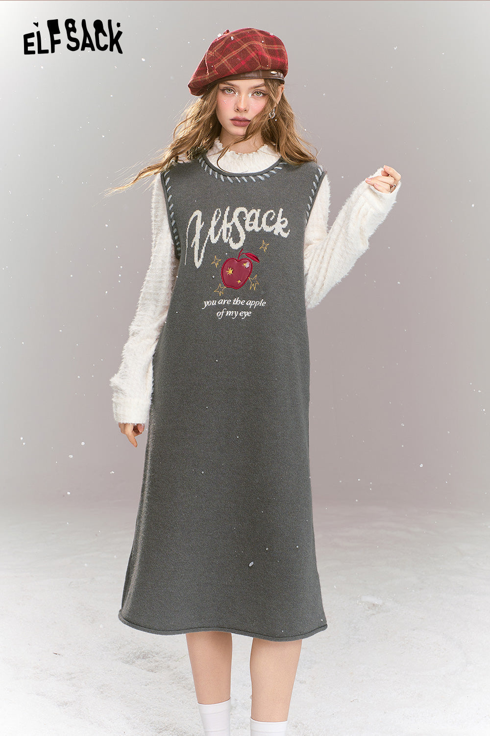 ELFSACK Sweet Preppy style long sleeved fake two-piece patchwork lace knit H-shaped long dress
