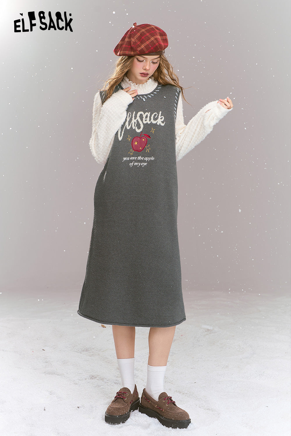 ELFSACK Sweet Preppy style long sleeved fake two-piece patchwork lace knit H-shaped long dress