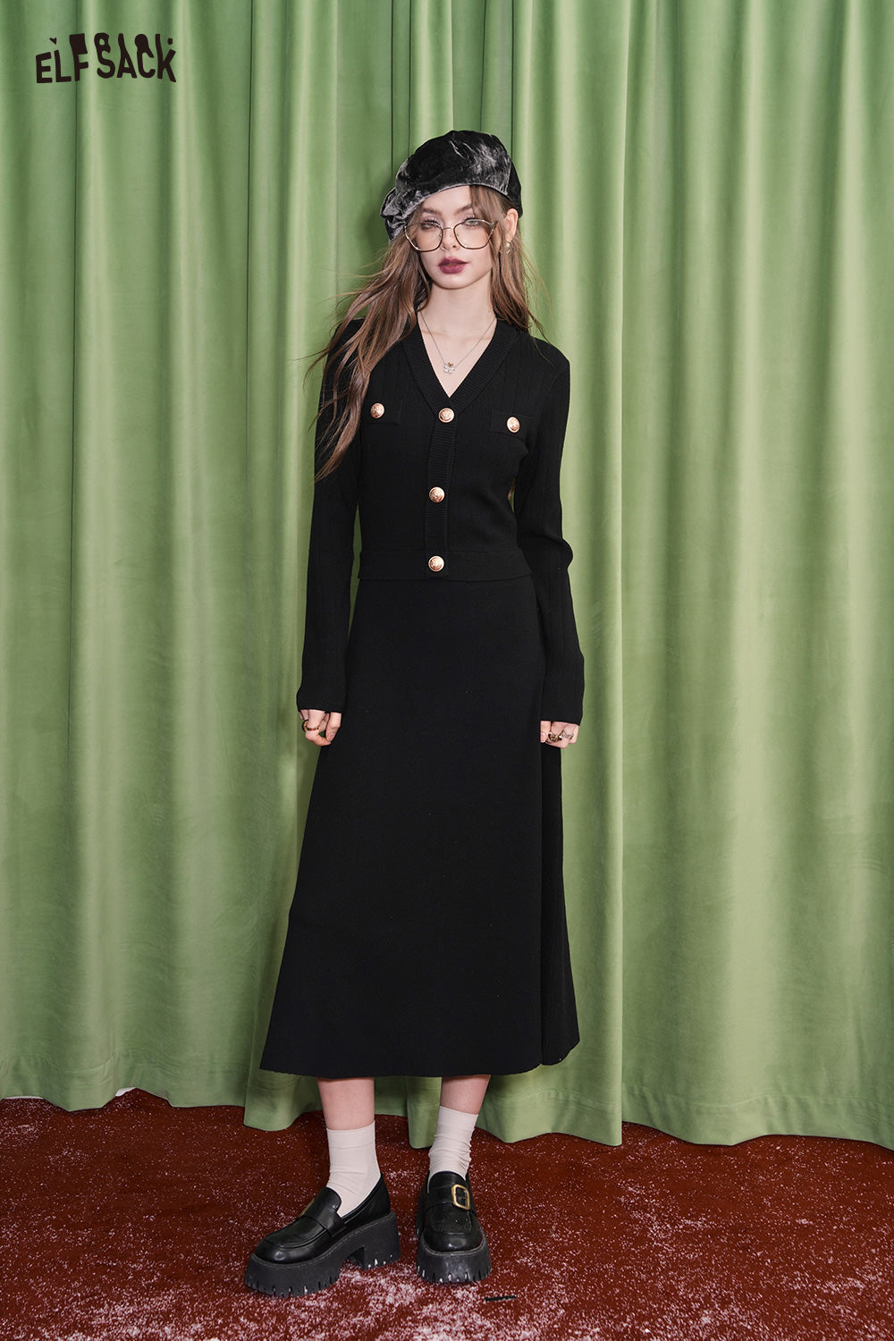 ELFSACK French black knitted dress Hepburn style waisted elegant bottoming skirt