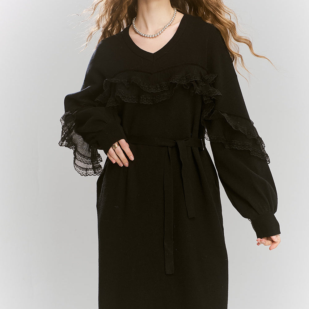 
                  
                    ELFSACK 2024 Winter New Arrivals Knitted dress black mesh splicing v-neck female elegant
                  
                