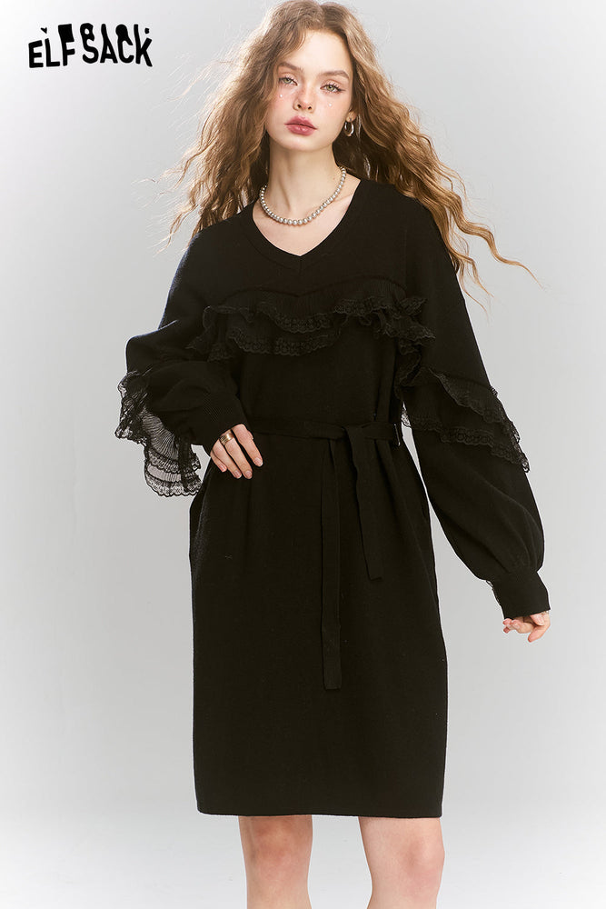 
                  
                    ELFSACK 2024 Winter New Arrivals Knitted dress black mesh splicing v-neck female elegant
                  
                