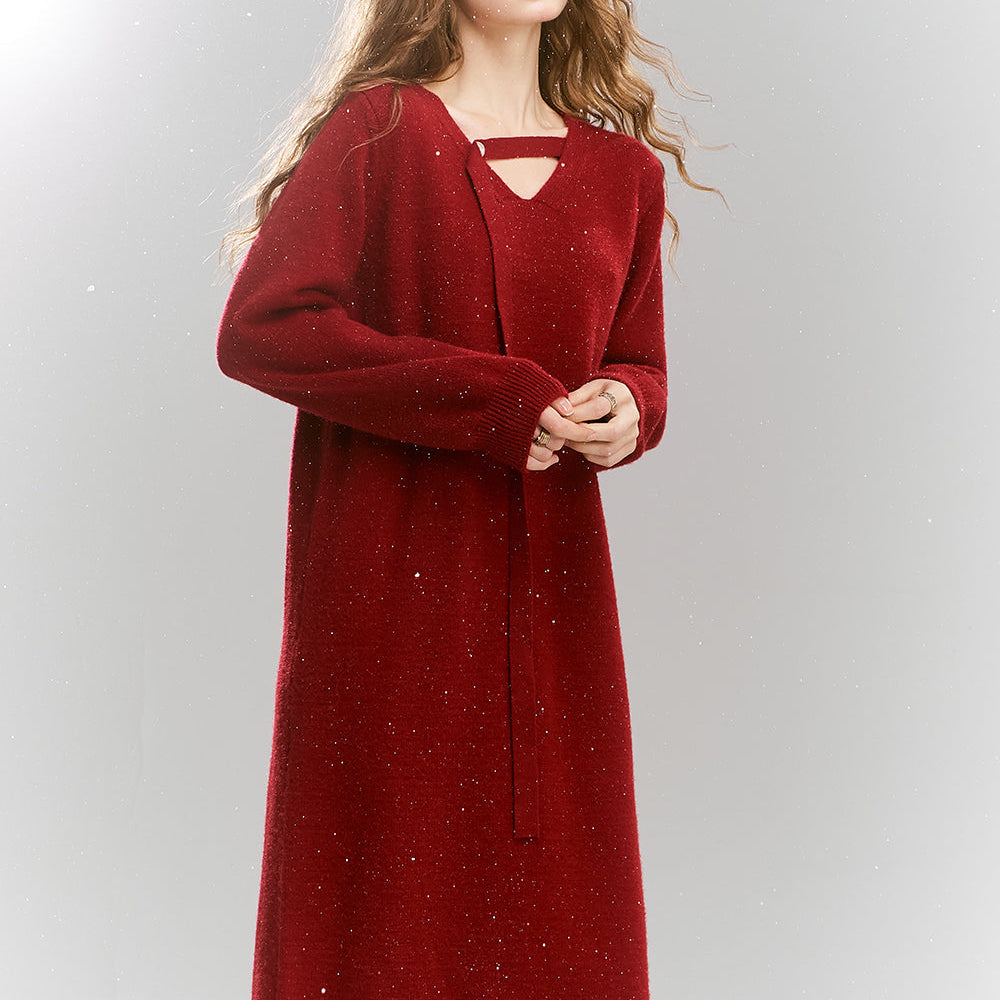 ELFSACK 2024 Winter New Arrivals Long-sleeved dress for women retro red v-neck, elegant with sparkles