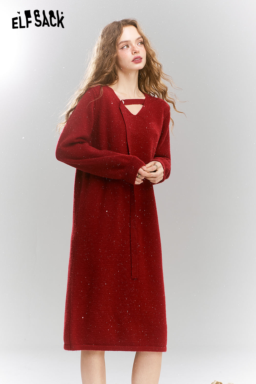 ELFSACK 2024 Winter New Arrivals Long-sleeved dress for women retro red v-neck, elegant with sparkles