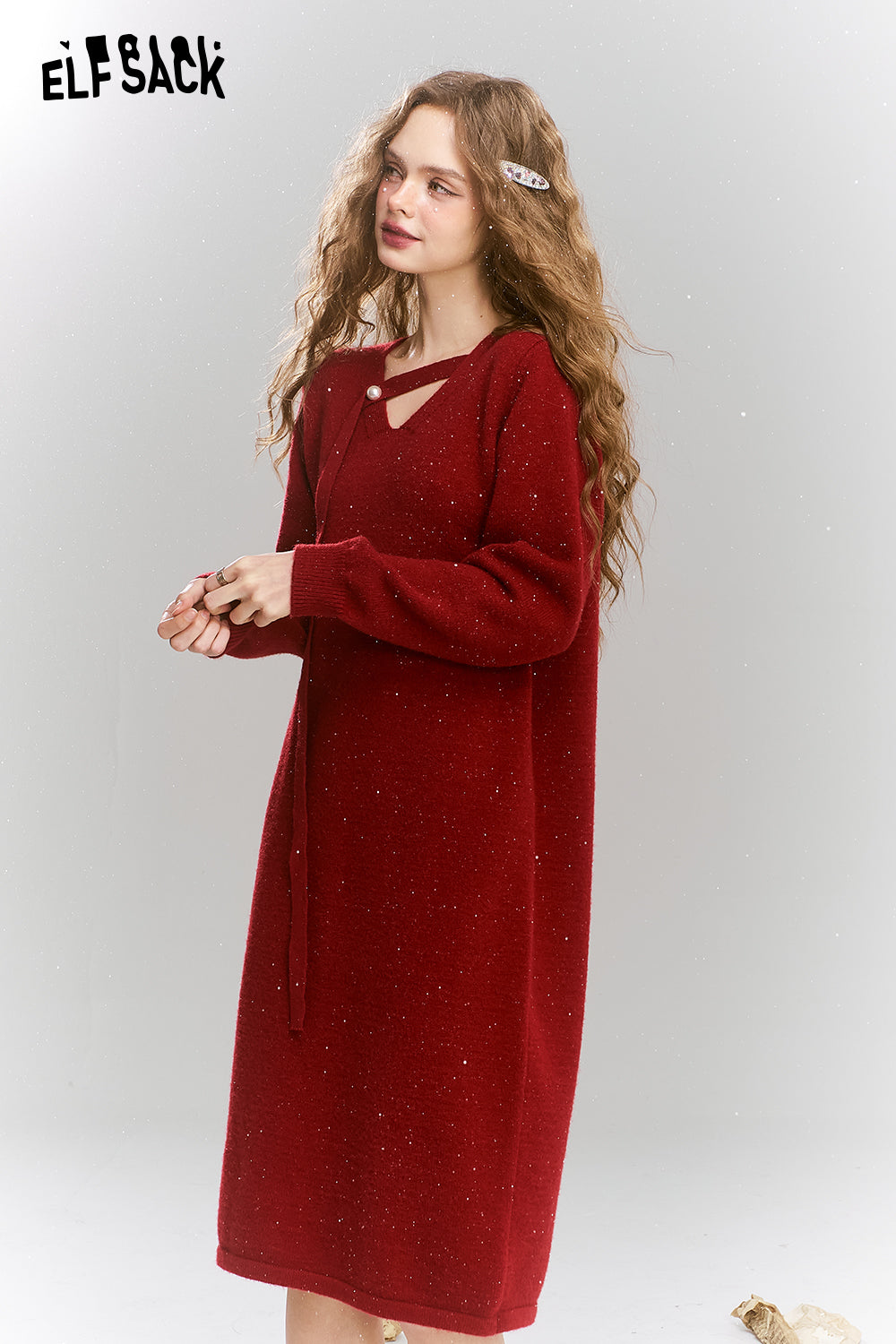 
                  
                    ELFSACK 2024 Winter New Arrivals Long-sleeved dress for women retro red v-neck, elegant with sparkles
                  
                