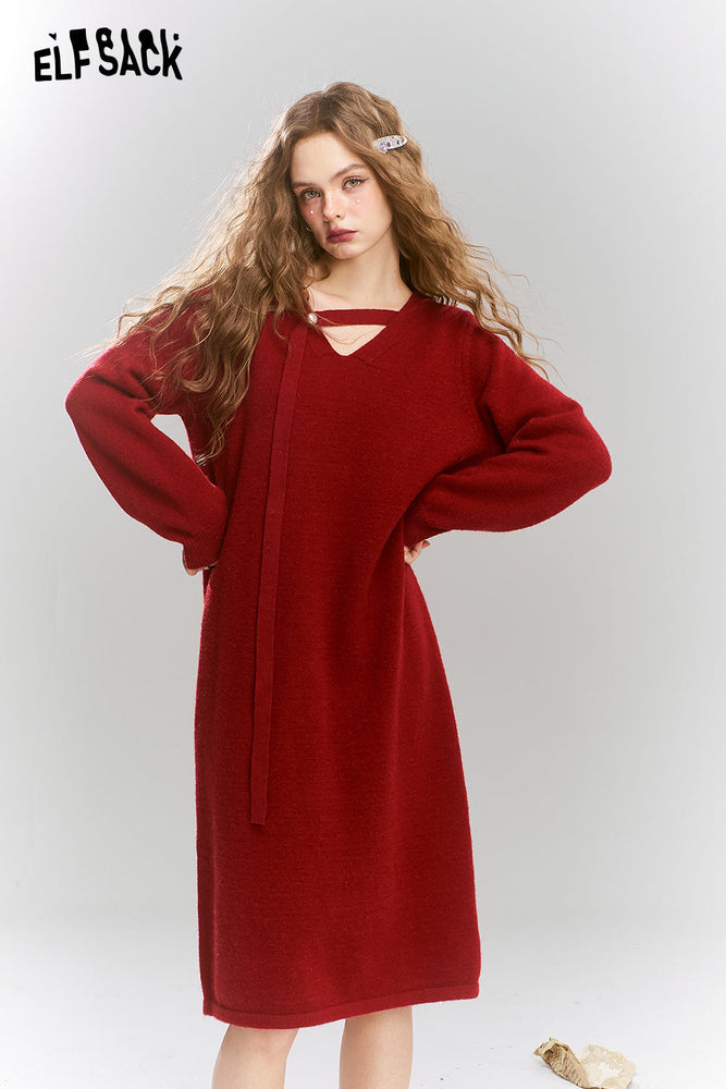 
                  
                    ELFSACK 2024 Winter New Arrivals Long-sleeved dress for women retro red v-neck, elegant with sparkles
                  
                