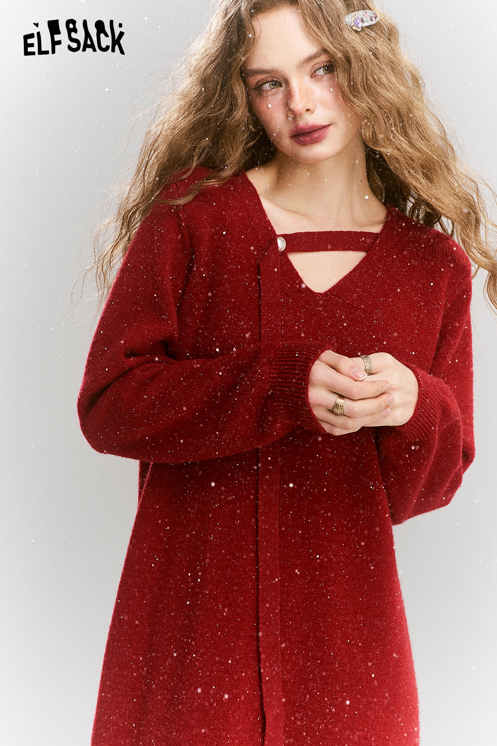 
                  
                    ELFSACK 2024 Winter New Arrivals Long-sleeved dress for women retro red v-neck, elegant with sparkles
                  
                