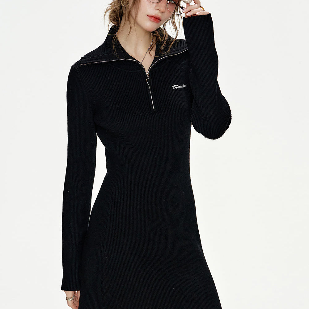 
                  
                    ELFSACK 2024 Winter New Arrivals Black embroidery heart-shaped zipper lapel knitted long-sleeved short A-line dress for women
                  
                