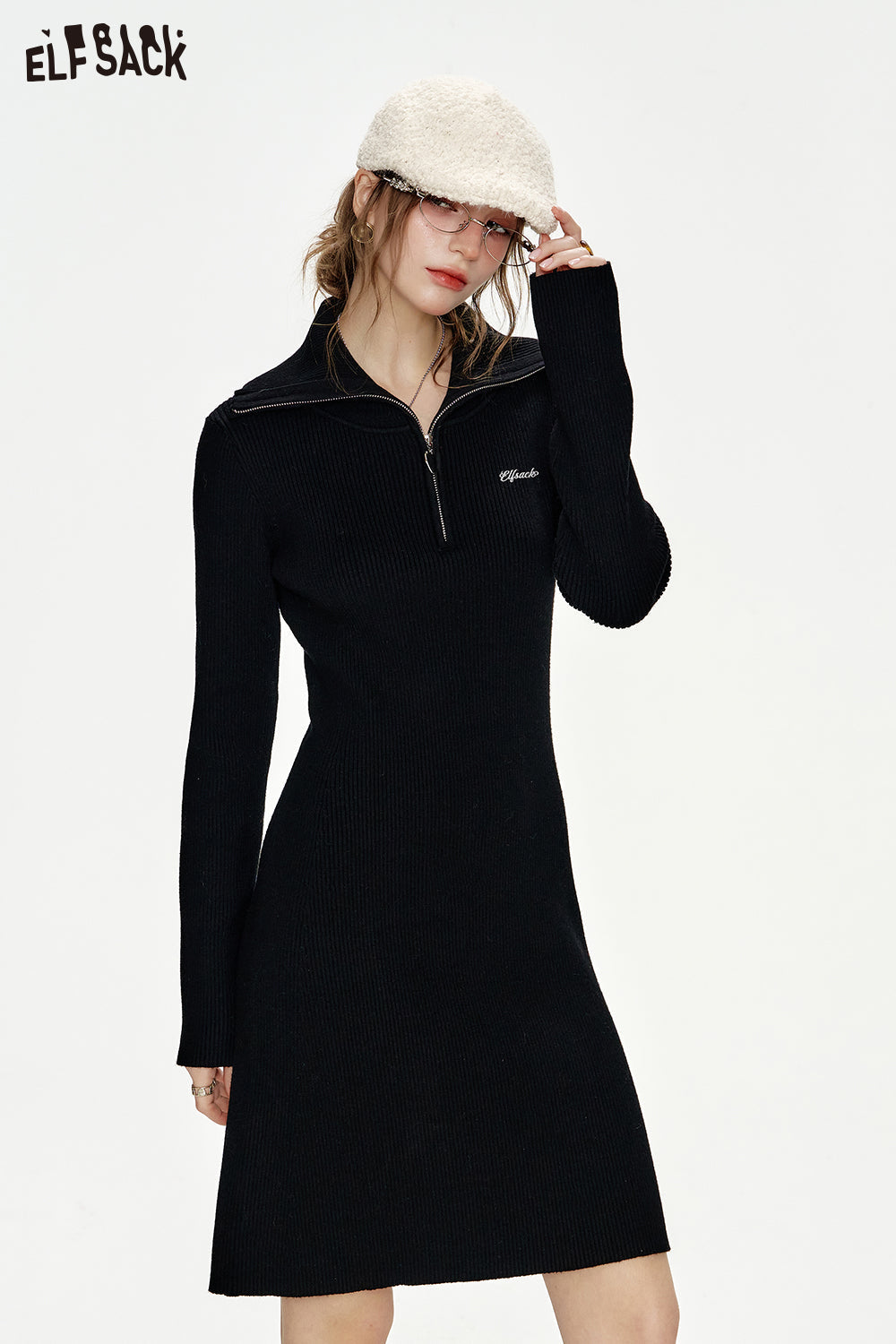 ELFSACK Black embroidery heart-shaped zipper lapel knitted long-sleeved short A-line dress