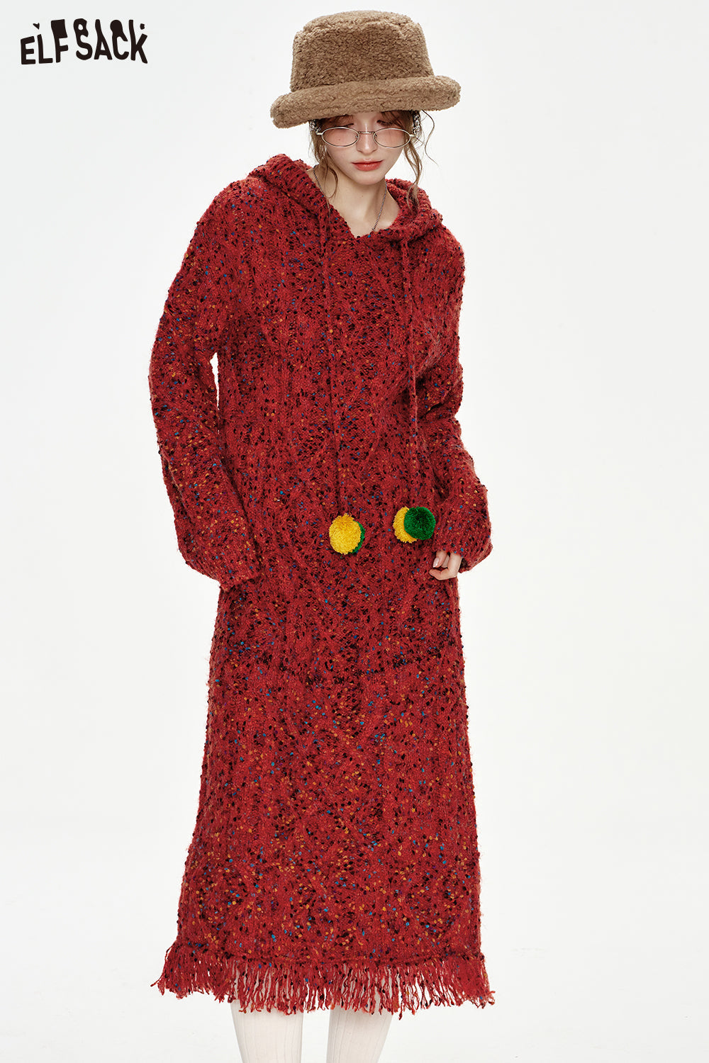 ELFSACK Hooded pompom drawstring knitted red colorful dots long-sleeve long dress Christmas outfit