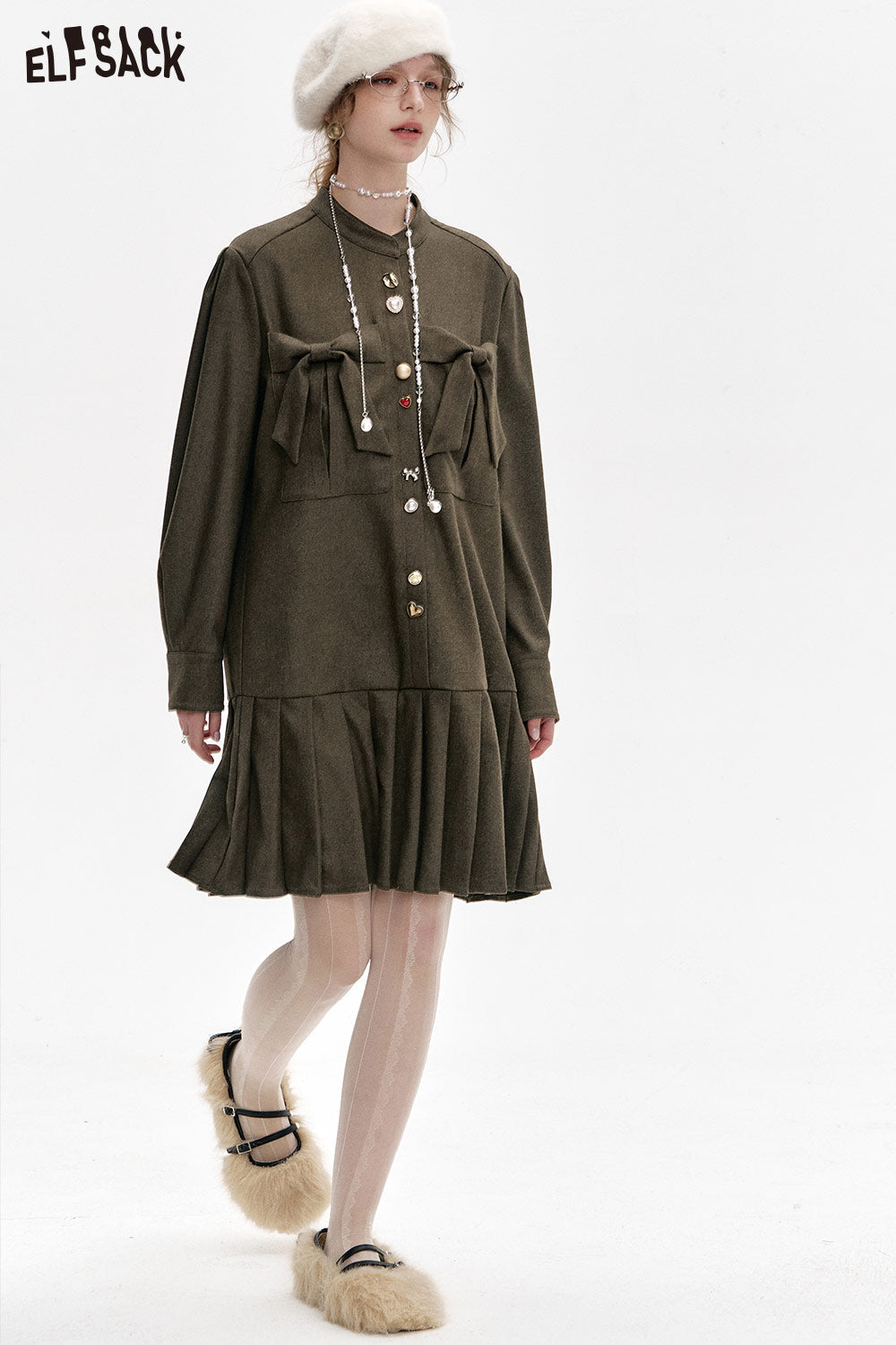 ELFSACK Retro Bowknot Long Sleeve Stand Collar Short A-Line Pleated Dress