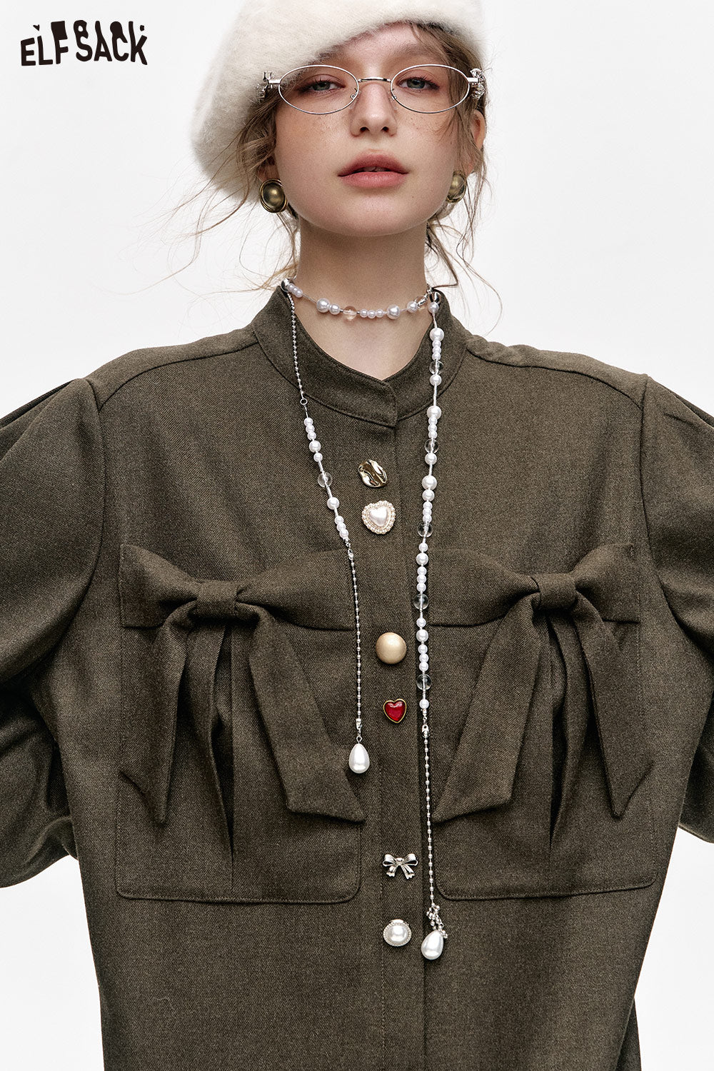 ELFSACK Retro Bowknot Long Sleeve Stand Collar Short A-Line Pleated Dress
