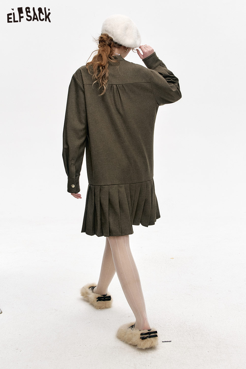 ELFSACK Retro Bowknot Long Sleeve Stand Collar Short A-Line Pleated Dress