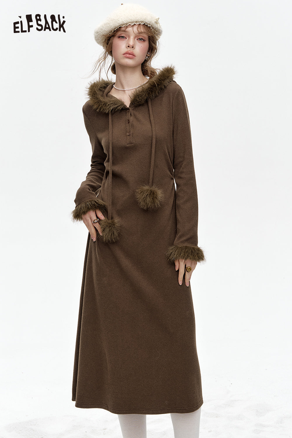 ELFSACK Faux Plush Stitching Hooded Knitted Slim Fit Solid Color Long Dress Women