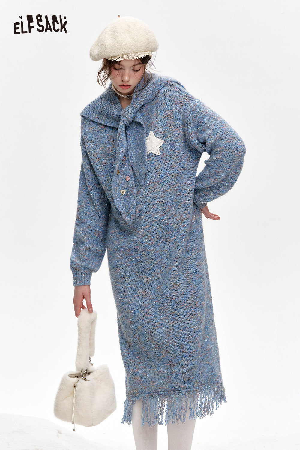 ELFSACK Removable hood, tassels, knitted long straight dress