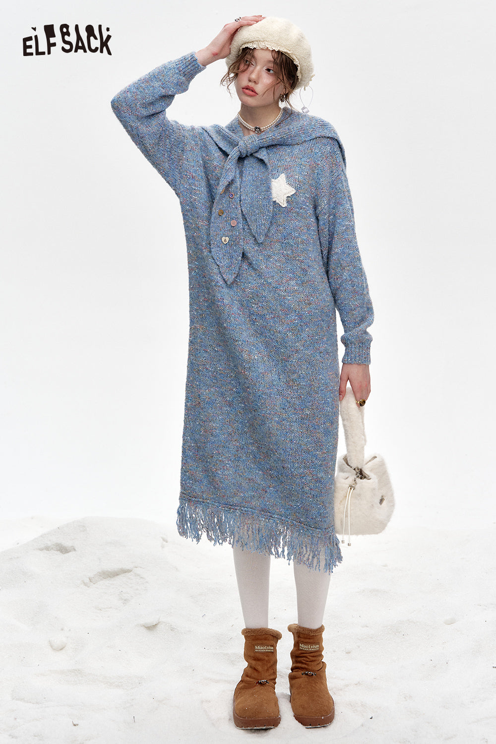 ELFSACK Removable hood, tassels, knitted long straight dress