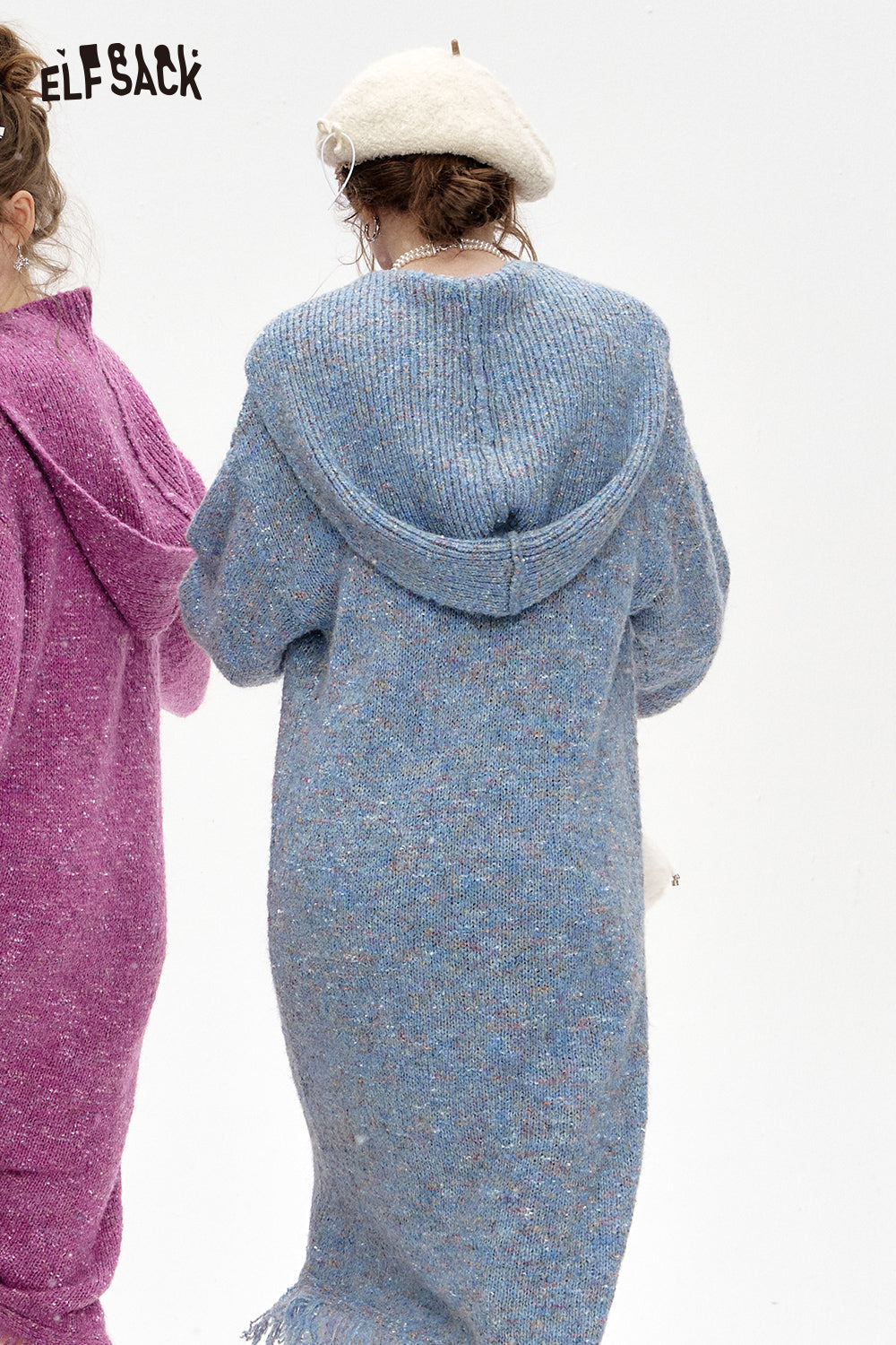 ELFSACK Removable hood, tassels, knitted long straight dress