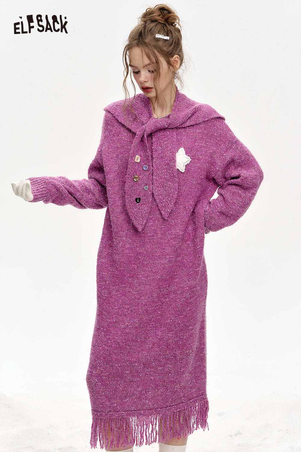 ELFSACK Removable hood, tassels, knitted long straight dress