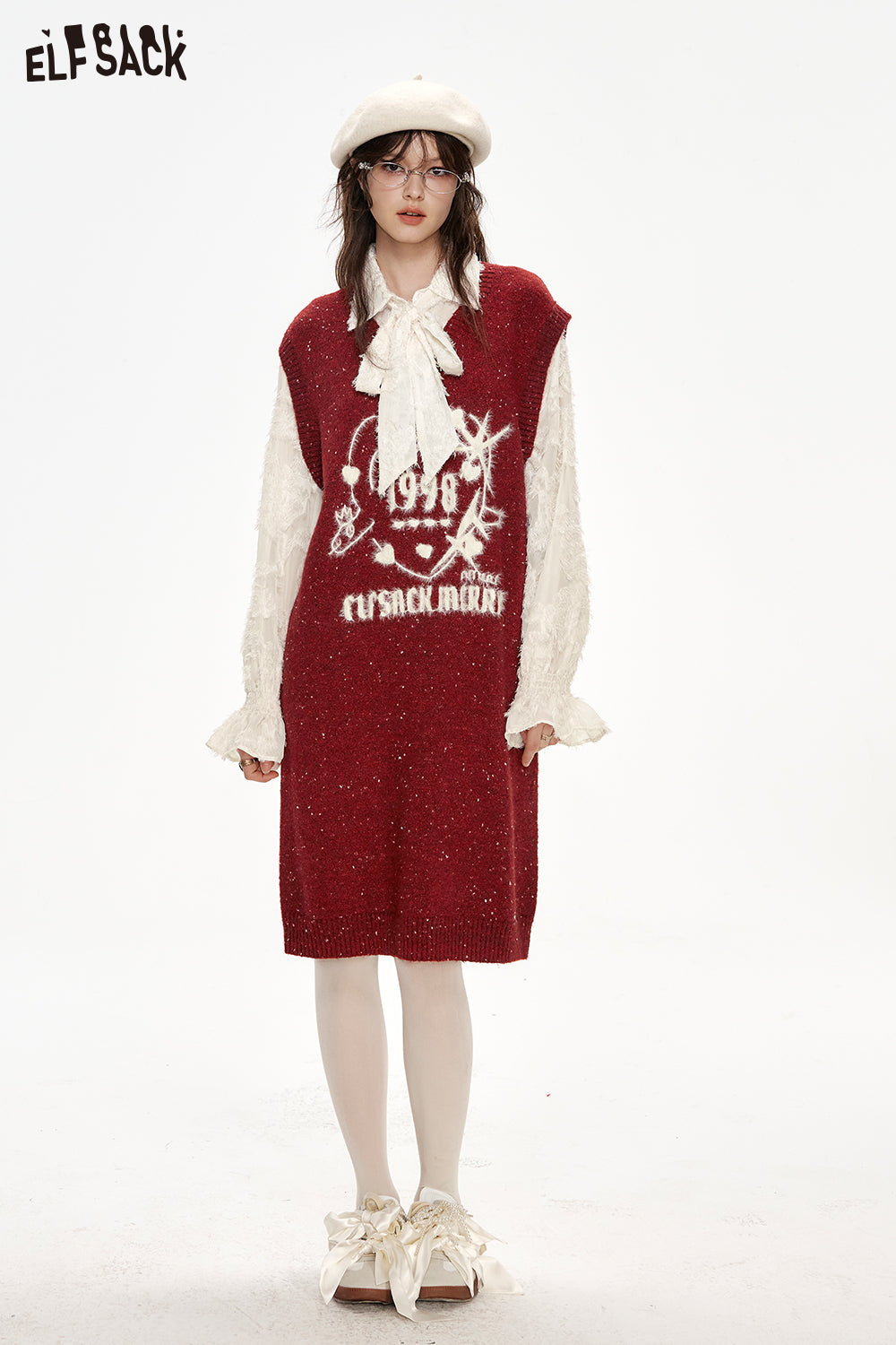 ELFSACK Fake two-piece stitching red glitter lapel bow knitted dress Christmas outfit