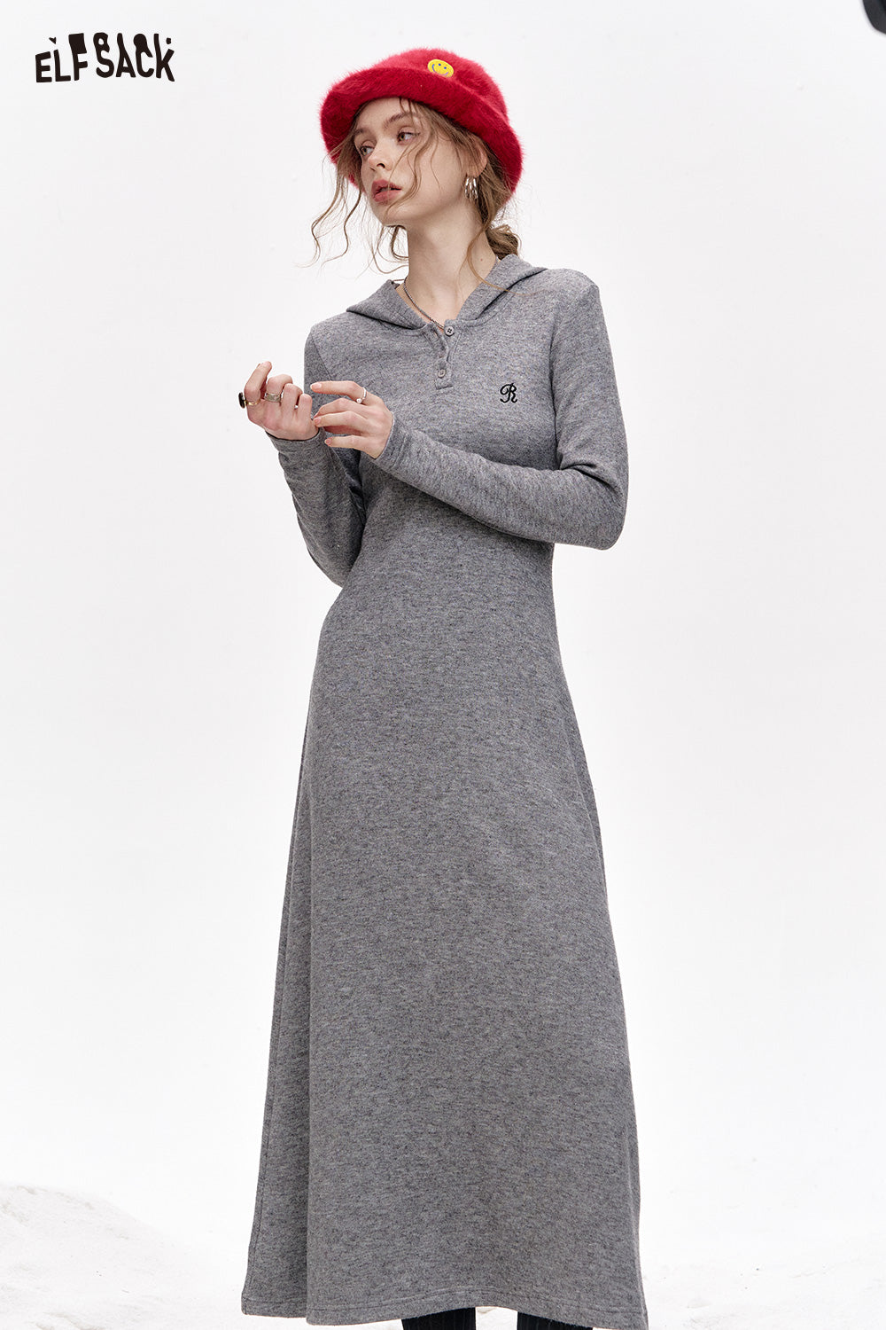 ELFSACK Retro casual gray embroidered knitted hooded collar long dress