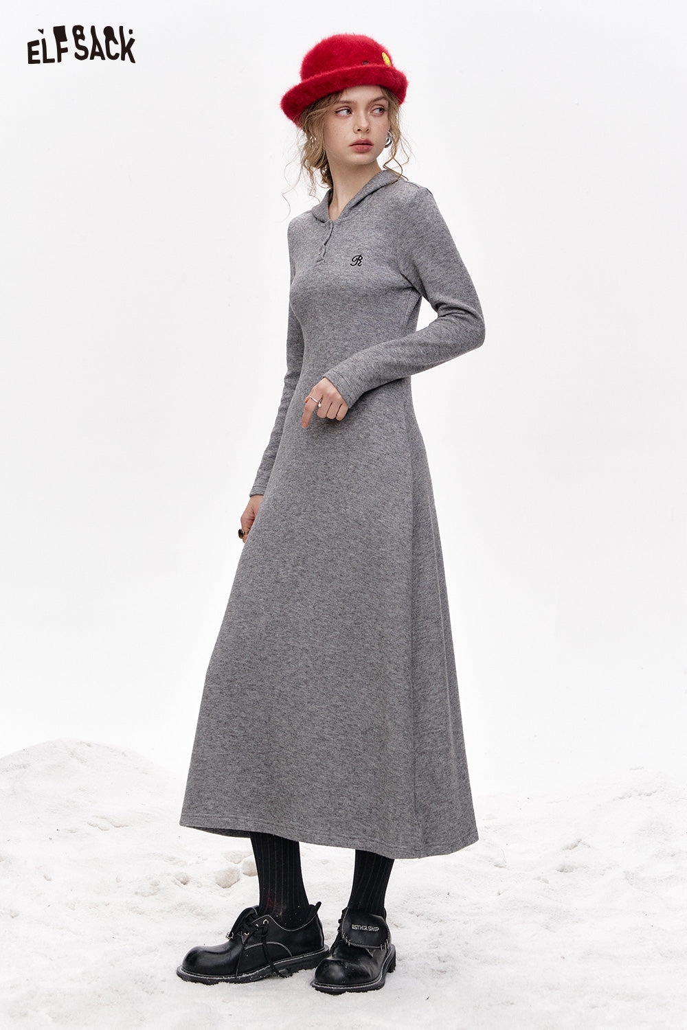 ELFSACK 2024 Winter New Arrivals Retro casual gray embroidered knitted hooded collar long dress